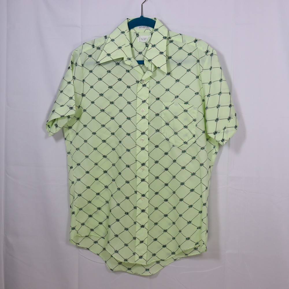 ENVOY Button Down Shirt Mens L Lime Green Vintage 70s Butterfly‎ Print Disco